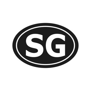 May include: A black and white oval sticker with the letters "SG" in a bold, sans-serif font. The letters are white and set against a black background, with a white border.