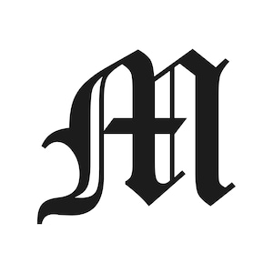 May include: A black letter "M" in a gothic font style. The letter is bold and has a decorative, ornate design. The background is plain white, highlighting the letter's shape and details. This image is suitable for logos, monograms, or design elements.