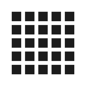 Puede incluir: Una cuadrícula de veinticinco cuadrados negros espaciados uniformemente sobre un fondo blanco. Los cuadrados están dispuestos en un patrón de cinco por cinco, creando un diseño geométrico estructurado. La imagen es un gráfico simple de alto contraste.