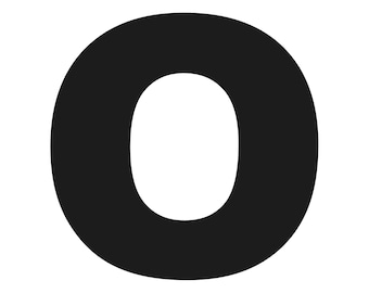 May include: A bold, black letter "O" against a stark white background. The letter is a solid, rounded shape with a circular interior space. The design is simple and graphic.