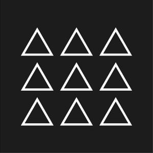 May include: Nine white outlined triangles arranged in a 3x3 grid on a black background. The triangles are evenly spaced and of equal size, creating a geometric pattern. The design is simple and modern.