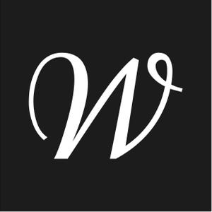 Puede incluir: Una letra "W" blanca y estilizada en fuente cursiva sobre un fondo negro sólido. La letra tiene un diseño fluido y elegante, con un bucle prominente en la parte superior y un trazo diagonal agudo.