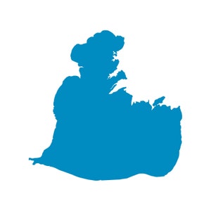 May include: A solid blue silhouette of a landmass against a white background. The shape is irregular, with a rounded top and a pointed bottom, resembling a geographical outline. The color is a vibrant, saturated blue.