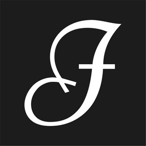Pode incluir: Letra "J" branca estilizada sobre fundo preto. A letra tem um design cursivo e fluido, com uma barra horizontal. A imagem é um gráfico simples e elegante, adequado para branding ou design de logótipos.