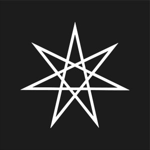 May include: A white heptagram, a seven-pointed star, is centered on a black background. The star is formed by seven intersecting lines, creating a symmetrical geometric design. The sharp points of the star contrast with the solid black field.