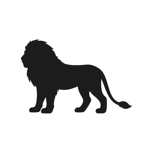 May include: A black silhouette of a lion in a standing position. The lion has a full mane and a long tail. The image is a simple, graphic representation of the animal, suitable for various design applications.