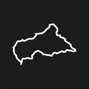 May include: A white line drawing depicting the geographical outline of the Central African Republic centered on a solid black background. The graphic shows the irregular borders of the nation in a simple, minimalist, and clear vector style.