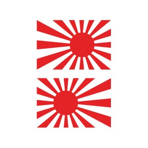 Puede incluir: Dos diseños de bandera del Sol Naciente en rojo y blanco. Cada diseño presenta un sol rojo con rayos rojos que emanan de él sobre un fondo blanco. Los diseños son rectangulares y están uno al lado del otro.