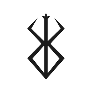 May include: Black graphic symbol on a white background. The symbol is a stylized, symmetrical design with a vertical line extending from a star-like shape at the top, intersecting with a diamond shape. Two angular lines extend from the top.
