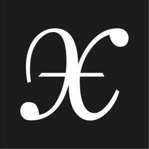 Pode incluir: Marca de letra branca sobre fundo preto. O design apresenta um "X" em itálico com uma linha horizontal no centro. A letra tem terminações arredondadas, criando uma aparência decorativa e elegante.