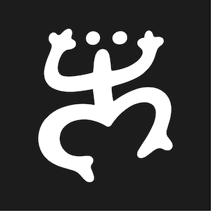 May include: A white stylized figure with outstretched arms and legs, and three dots above the head, set against a solid black background. The figure has a rounded body and is reminiscent of a human form.