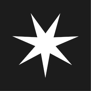 May include: A white eight-pointed star on a black background. The star's points are sharp and angular, creating a striking contrast against the dark backdrop. The design is simple and graphic.