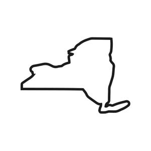 May include: A black outline of the state of New York against a white background. The image shows the geographical shape of New York, with its distinctive coastline and borders clearly defined.