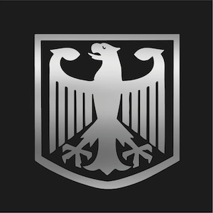 Può includere: Un emblema color argento raffigurante un'aquila stilizzata con le ali spiegate, racchiusa in un bordo a forma di scudo. L'aquila è l'elemento centrale del design, con piume dettagliate e una posa forte, rivolta in avanti. Lo sfondo è nero.