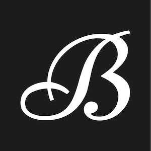 May include: A white, stylized letter "B" against a black background. The elegant script features a flowing design with a curved top and a rounded lower portion, creating a classic and sophisticated aesthetic.