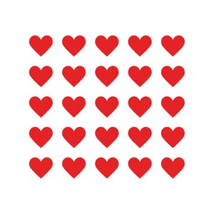 Puede incluir: Una cuadrícula de veinticinco corazones rojos sobre un fondo blanco. Los corazones están espaciados uniformemente y son de tamaño constante, creando un patrón. La imagen es simple y gráfica, adecuada para diversas aplicaciones de diseño.