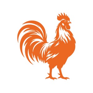 May include: A solid orange graphic illustration of a rooster standing in profile. The design features stylized feathers on the tail and neck, a prominent comb on the head, and a sharp beak, all rendered in a single flat color against a white background.