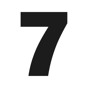 May include: A bold, black number seven against a stark white background. The numeral is a solid, sans-serif font, with a clean, modern aesthetic. The design is simple and graphic, suitable for various applications.