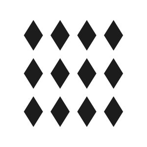 May include: A pattern of twelve black diamond shapes arranged in a grid on a white background. The diamonds are evenly spaced and have a simple, geometric design. The image is a minimalist design.
