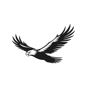 Könnte beinhalten: Schwarz-weiße Illustration eines fliegenden Adlers. Der Adler wird mit weit ausgebreiteten Flügeln dargestellt, die detaillierte Federmuster zeigen. Der Kopf des Vogels ist leicht gedreht, mit konzentriertem Blick und offenem Schnabel, vor weißem Hintergrund.