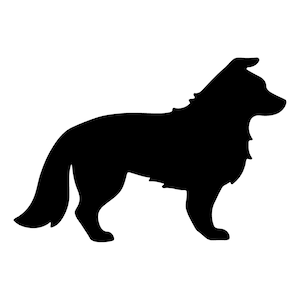 May include: A black silhouette of a dog, likely a Collie or similar breed, is depicted in profile against a white background. The dog is standing, with its tail slightly curved and its fur detailed around the neck and chest.