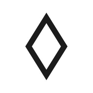 May include: A black diamond shape with a white interior, set against a white background. The diamond is a simple, geometric design, with thick, solid lines. The image is clean and minimalist.