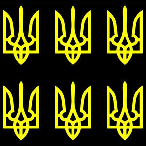 May include: A repeating pattern of six yellow trident symbols on a black background. Each trident is a stylized emblem with three prongs and a central design. The design is symmetrical and evenly spaced across the image.