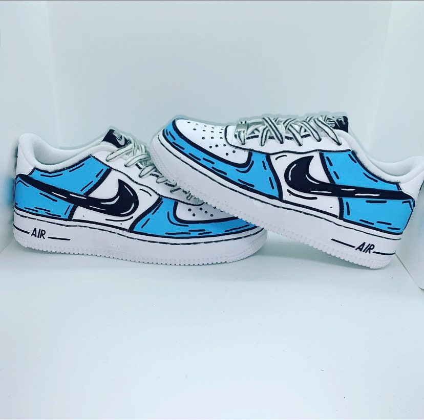 Custom Air Force 1S with Light Blue and Navy 3D Nike Swoosh