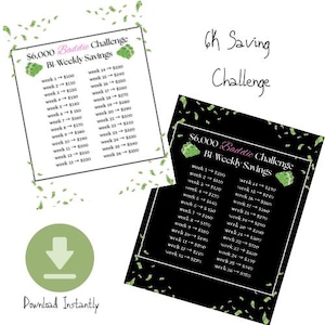May include: Two printable savings challenge sheets with the text "$6,000 Baddie Challenge Bi Weekly Savings" and a green money bag graphic. One sheet is white, the other black. The image also includes the text "6k Saving Challenge" and "Download Instantly".