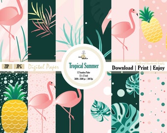 Tropical Flamingo Digital Paper: Seamless Summer Patterns (Digital Download)