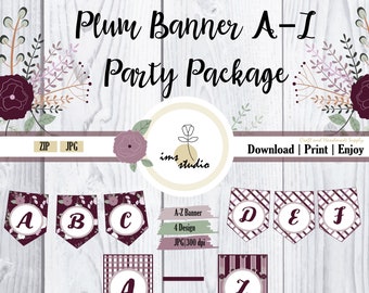 Plum Party Banner: A-Z Alphabet, Floral & Plaid (Digital Download)