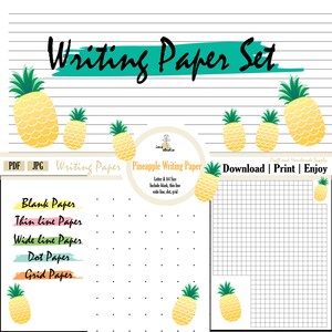 Könnte beinhalten: Ein Set bedruckbarer Schreibpapier mit Ananas-Motiv. Das Set enthält leeres, dünn liniertes, breit liniertes, gepunktetes und kariertes Papier. Das Papier ist in den Formaten Letter und A4 erhältlich. Herunterladen, drucken und genießen!