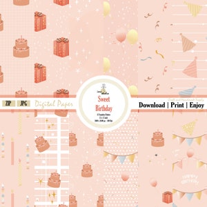 Sweet birthday in pastel coral digital paper for Scrapbook, birthday party, printable Paper, Mixing Pattern. EDP-0022