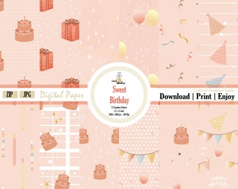 Pastel Coral Birthday Digital Paper: Scrapbook Patterns (JPG)