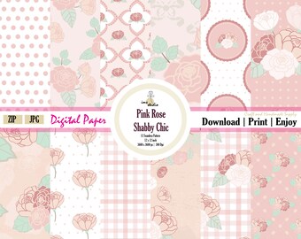 Pink Rose Shabby Chic Digital Paper: Seamless Scrapbook Patterns (Digital Download)
