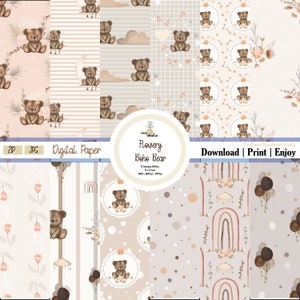 Seamless Pattern Bear and flower in boho style digital paper for Scrapbook, printable Paper, Mixing Pattern.