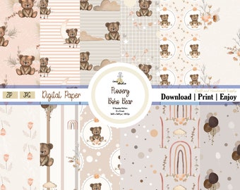 Boho Bear Seamless Pattern: Floral Digital Paper (JPG, ZIP)