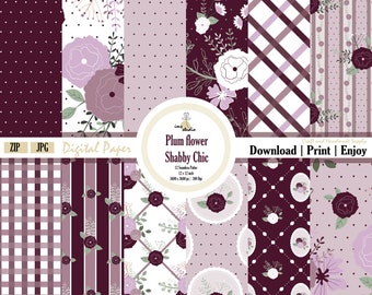 Plum Flower Shabby Chic Digital Paper: Seamless Scrapbook Patterns (Digital Download)