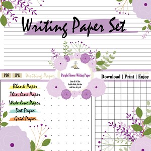 Purple flower letter writing set, Stationery Paper for Penpal, Stationary Set, Writing Paper, Digital Letter Paper, Scrapbooking, EDP-0013