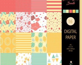 Summer Digital Paper Set: Floral, Polka Dot, Stripe Patterns (Digital Download)