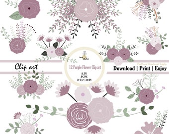 Purple Flower Bouquet Clipart: Romantic Floral Graphics (Digital Download)