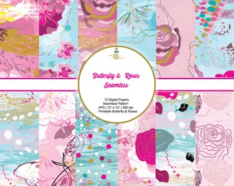 Summer Floral with butterfly and roses in seamless digital paper, Printable Paper, Mixing Patten, EDP-0008