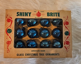 Small Blue Shiny Brite Christmas Ornaments in Original Box