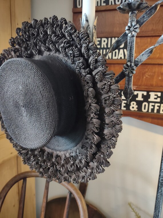 Antique Black Victorian Straw Fascinator Hat - image 3