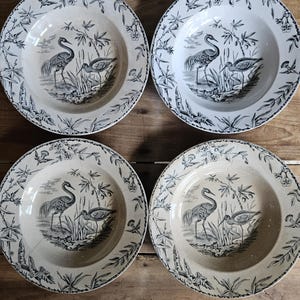Set of 4 Black Transferware English Soup Plates, Indus Pattern by Ridgways