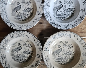 Set of 4 Black Transferware English Soup Plates, Indus Pattern by Ridgways
