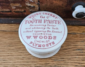 Antique Woods Tooth Paste Pot and Lid with Pink Lettering