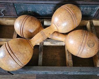 Pair of Antique Wooden Dumbbells by Lowe and Campbell