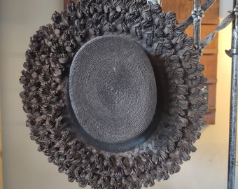 Antique Black Victorian Straw Fascinator Hat