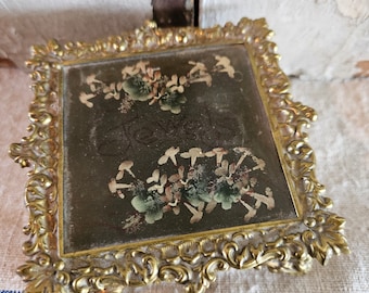 Vintage Pressed Brass Jewelry Box with Hand Painted Celluloid Lid